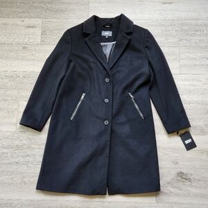 DKNY Black Wool Coat Womens Xl Long Zipper Pockets Button